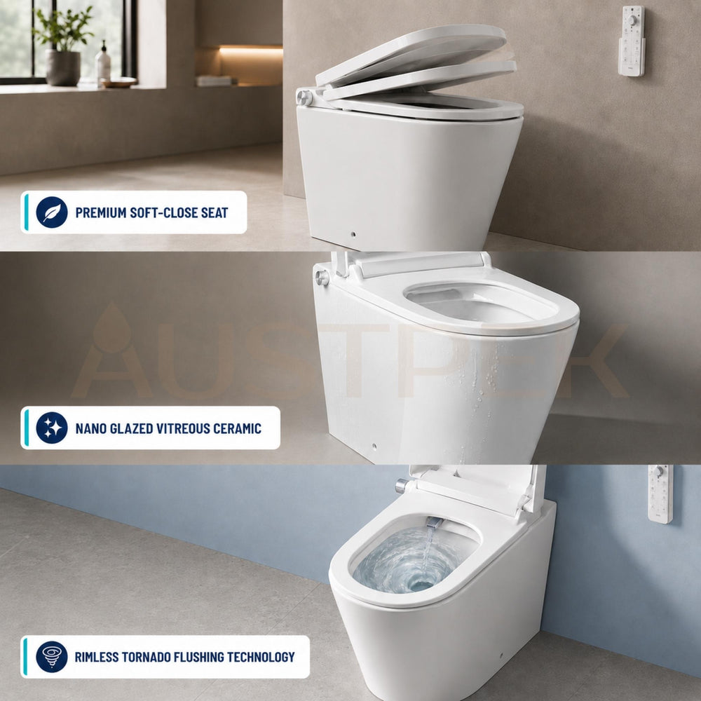 ATTICA GAIA BIDET W/ REMOTE CONTROL AND INSPIRE ALZANO RIMLESS WALL FACED TOILET PACKAGE D-SHAPE GLOSS WHITE