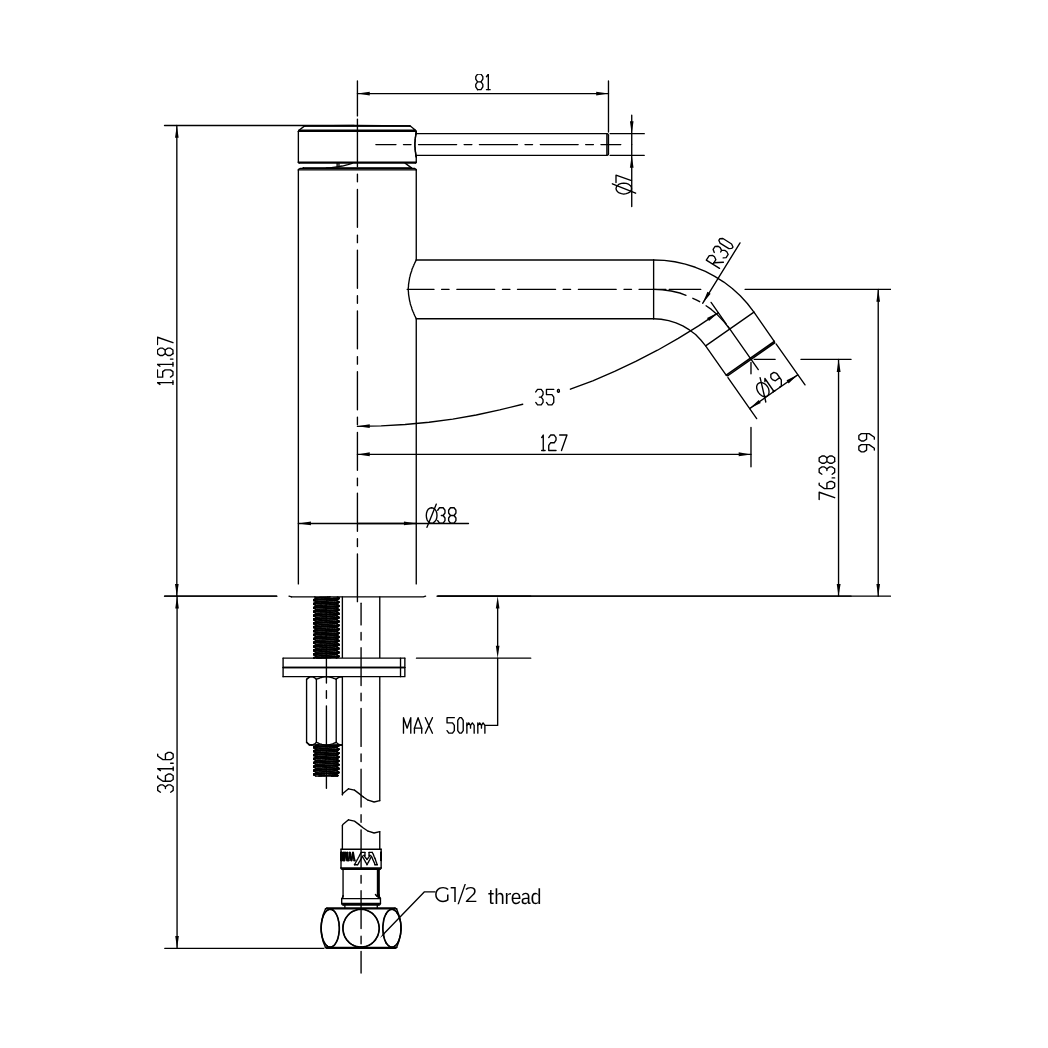 GARETH ASHTON POCO KNURLED BASIN MIXER GUN METAL - technical drawing