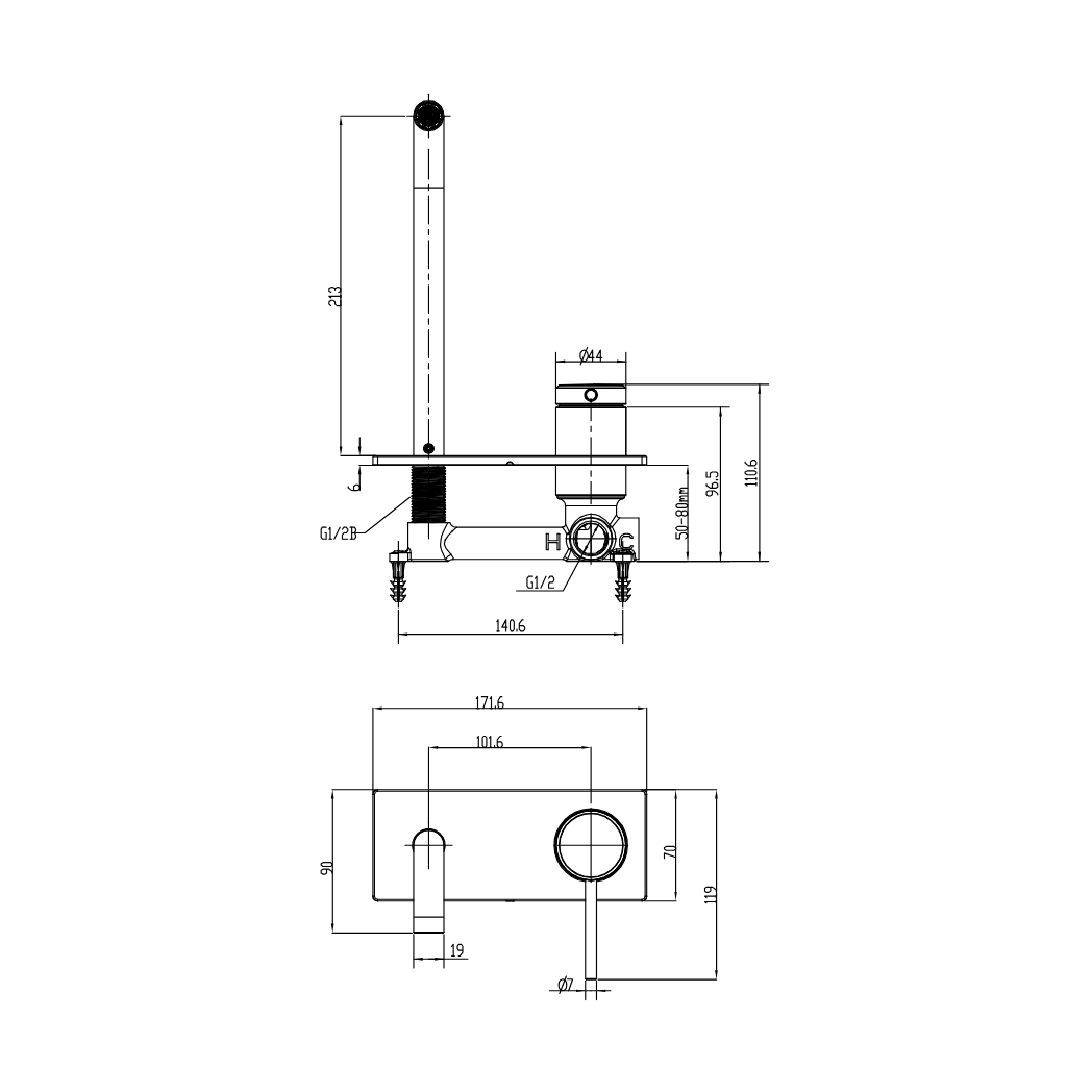 GARETH ASHTON POCO WALL BASIN / BATH MIXER SET 220MM CHROME - technical drawing