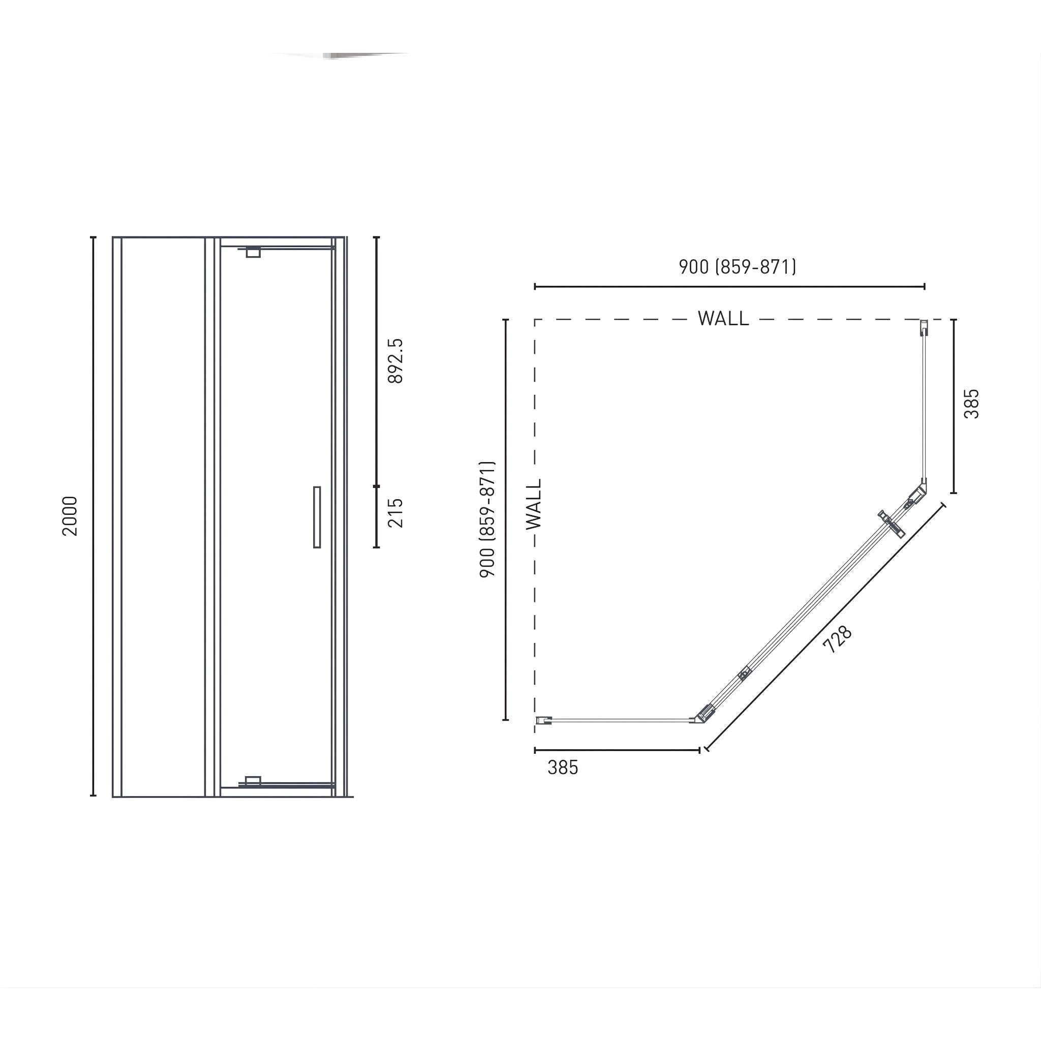 DECINA PREZZO SEMI-FRAMELESS ANGLED SHOWER SCREEN CHROME 900MM