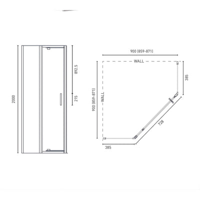 DECINA PREZZO SEMI-FRAMELESS ANGLED SHOWER SCREEN CHROME 900MM