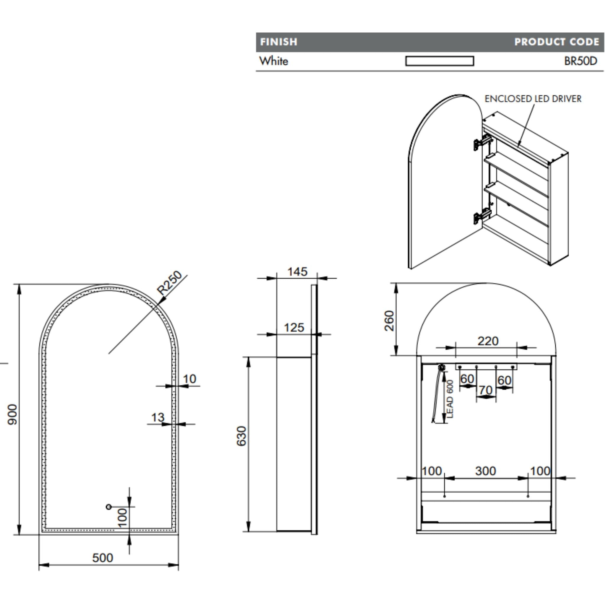 REMER BLANCA FRAMELESS WHITE LED SHAVING CABINET 500X900MM