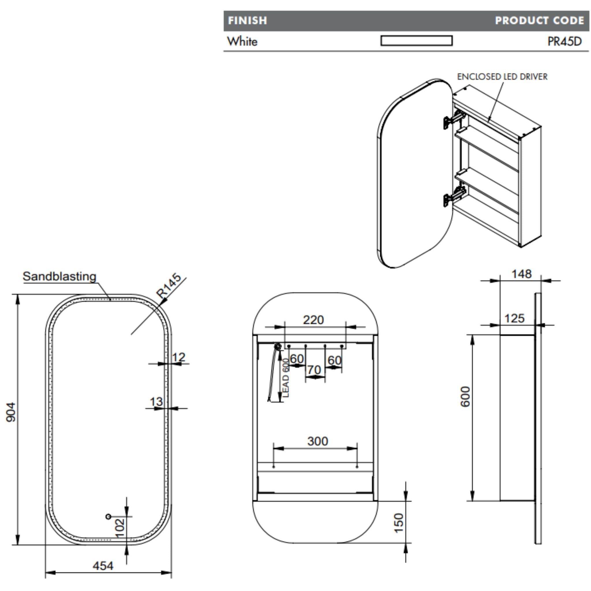 REMER PIAZZA FRAMELESS WHITE LED SHAVING CABINET 450X900MM