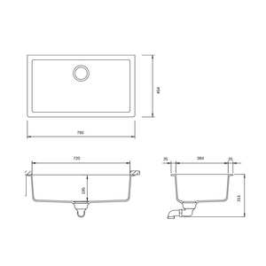 SCHOCK N-100XLYB KITCHEN SINK TECHNICAL DRAWING WITH DIMENSIONS