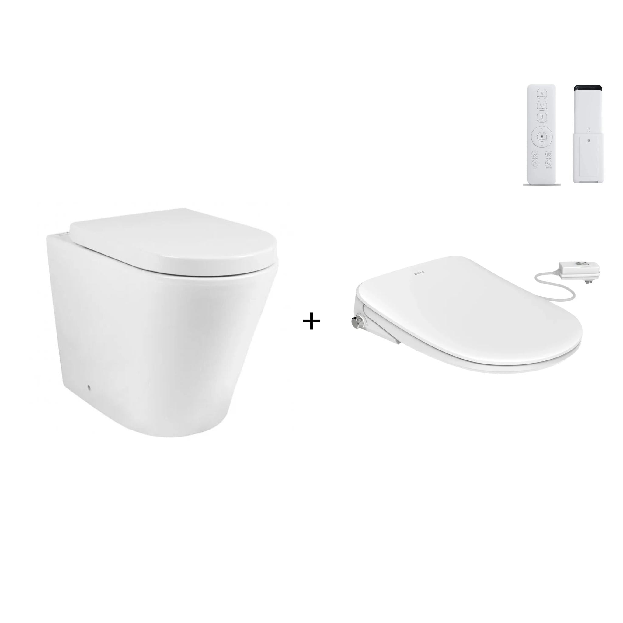 ATTICA GAIA WASHLET W/ REMOTE CONTROL AND INSPIRE ALZANO RIMLESS WALL FACED TOILET PACKAGE D-SHAPE GLOSS WHITE