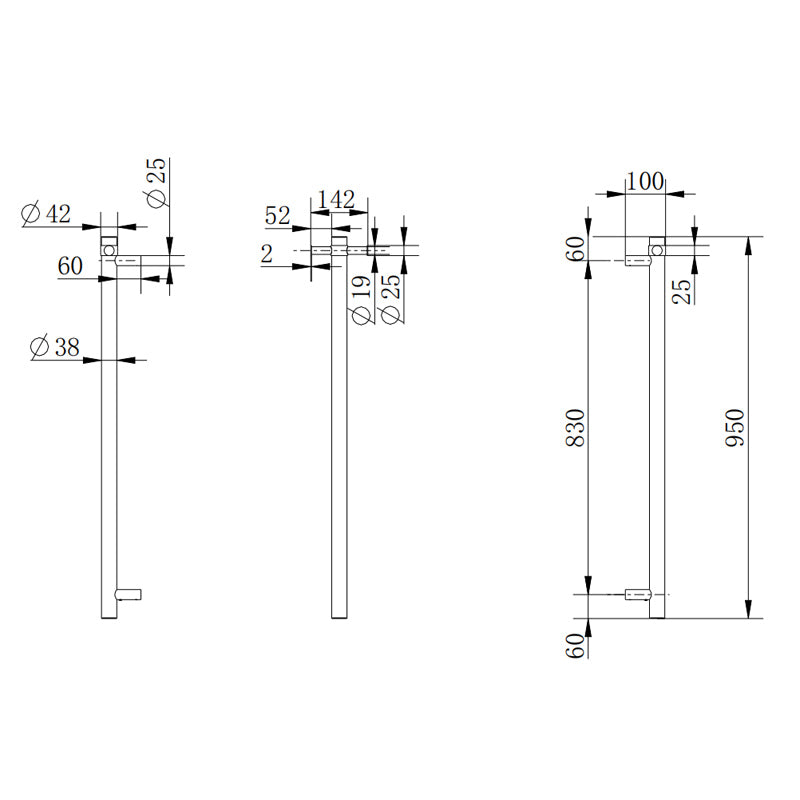 NORICO ROUND VERTICAL HEATED SINGLE BAR TOWEL RACK BRUSHED NICKEL 950MM