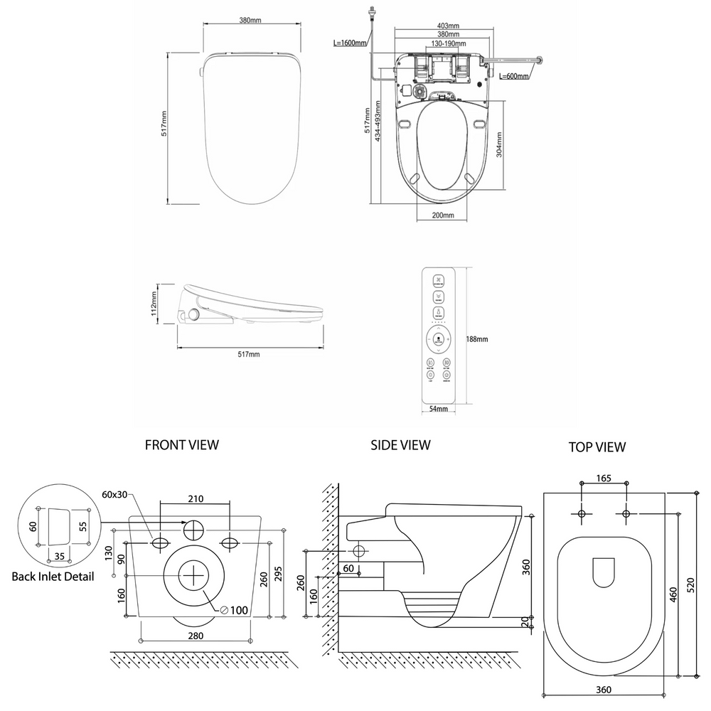 ATTICA GAIA BIDET W/ REMOTE CONTROL AND INSPIRE ALZANO RIMLESS WALL HUNG TOILET PACKAGE D-SHAPE GLOSS WHITE