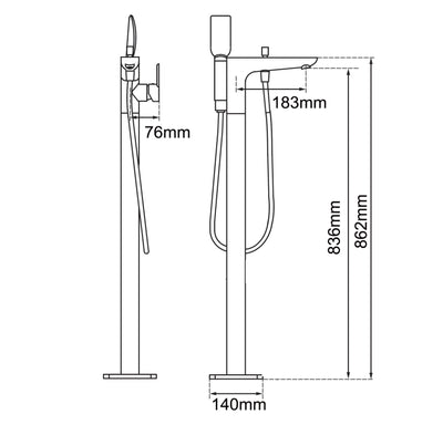 AQUAPERLA FREESTANDING BATH MIXER WITH HAND HELD SHOWER 862MM BLACK