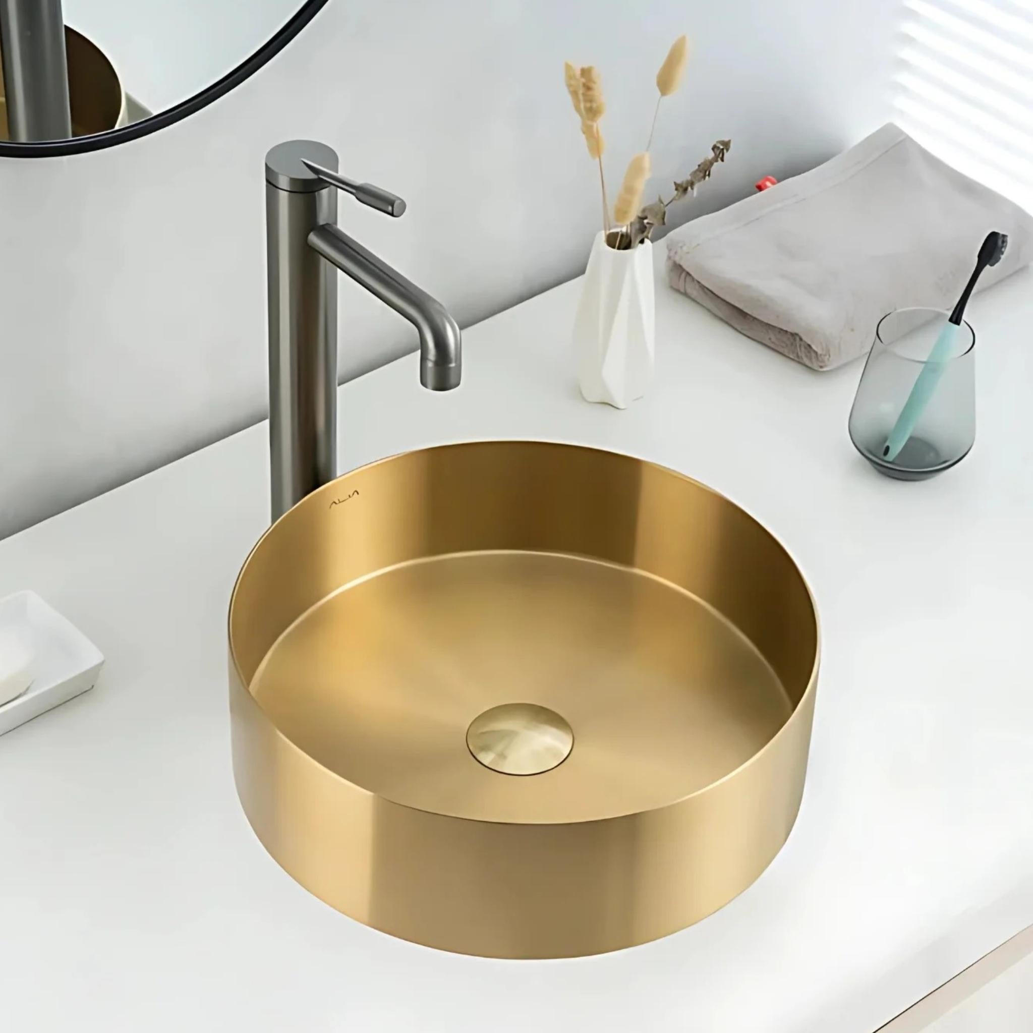 ALIA SS ABOVE COUNTER BASIN STAINLESS STEEL BRUSHED GOLD 400MM