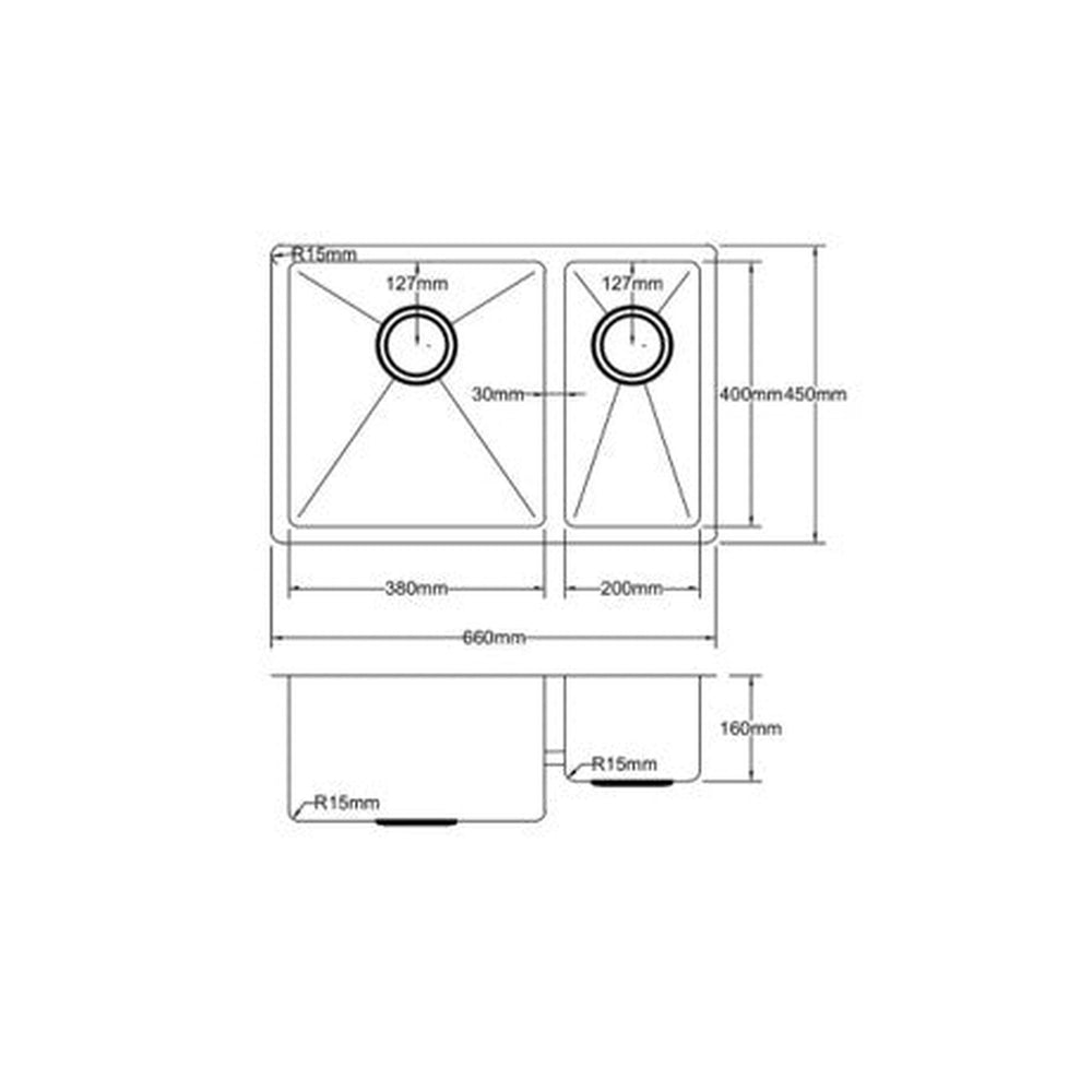 VITO STAINLESS STEEL DOUBLE BOWL INSET AND UNDERMOUNT KITCHEN SINK 660MM