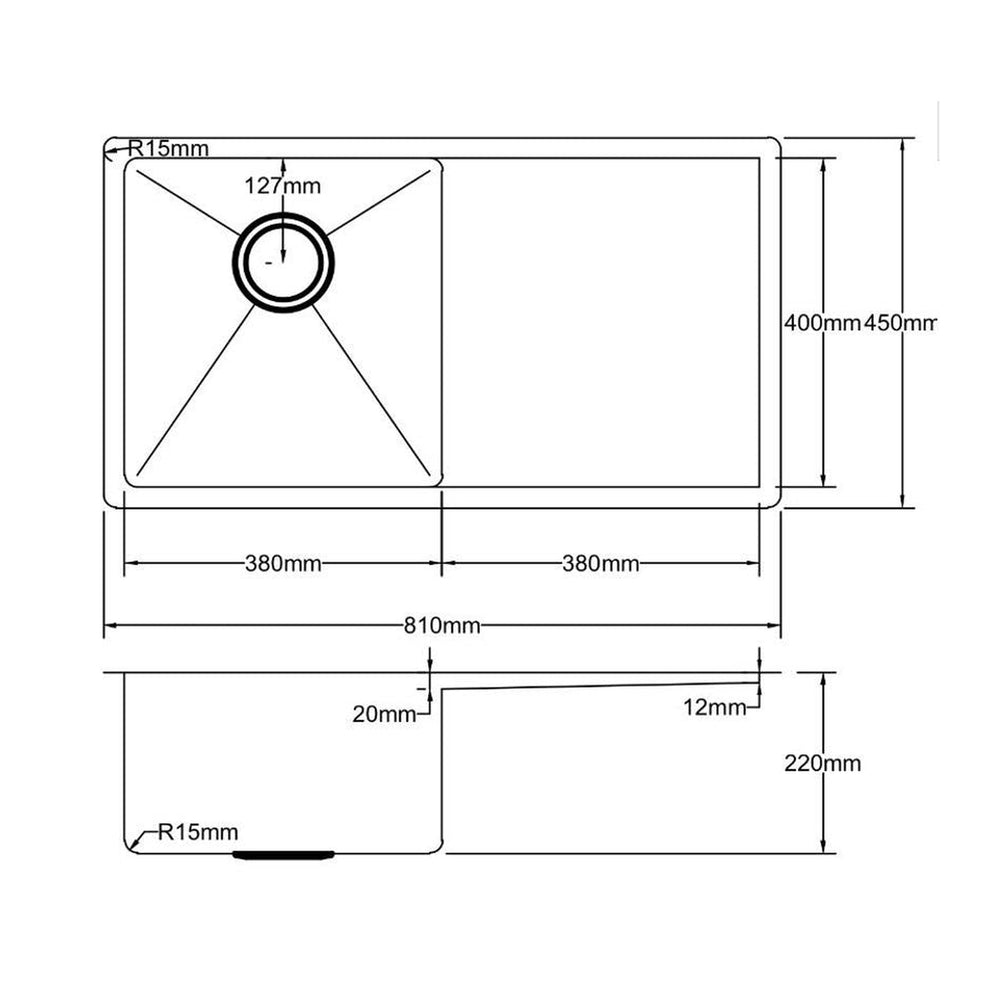 VITO STAINLESS STEEL DOUBLE BOWL INSET AND UNDERMOUNT KITCHEN SINK 810MM