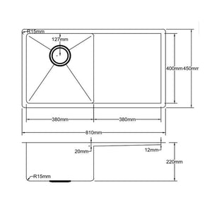 VITO STAINLESS STEEL DOUBLE BOWL INSET AND UNDERMOUNT KITCHEN SINK 810MM