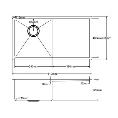 VITO STAINLESS STEEL DOUBLE BOWL INSET AND UNDERMOUNT KITCHEN SINK 810MM