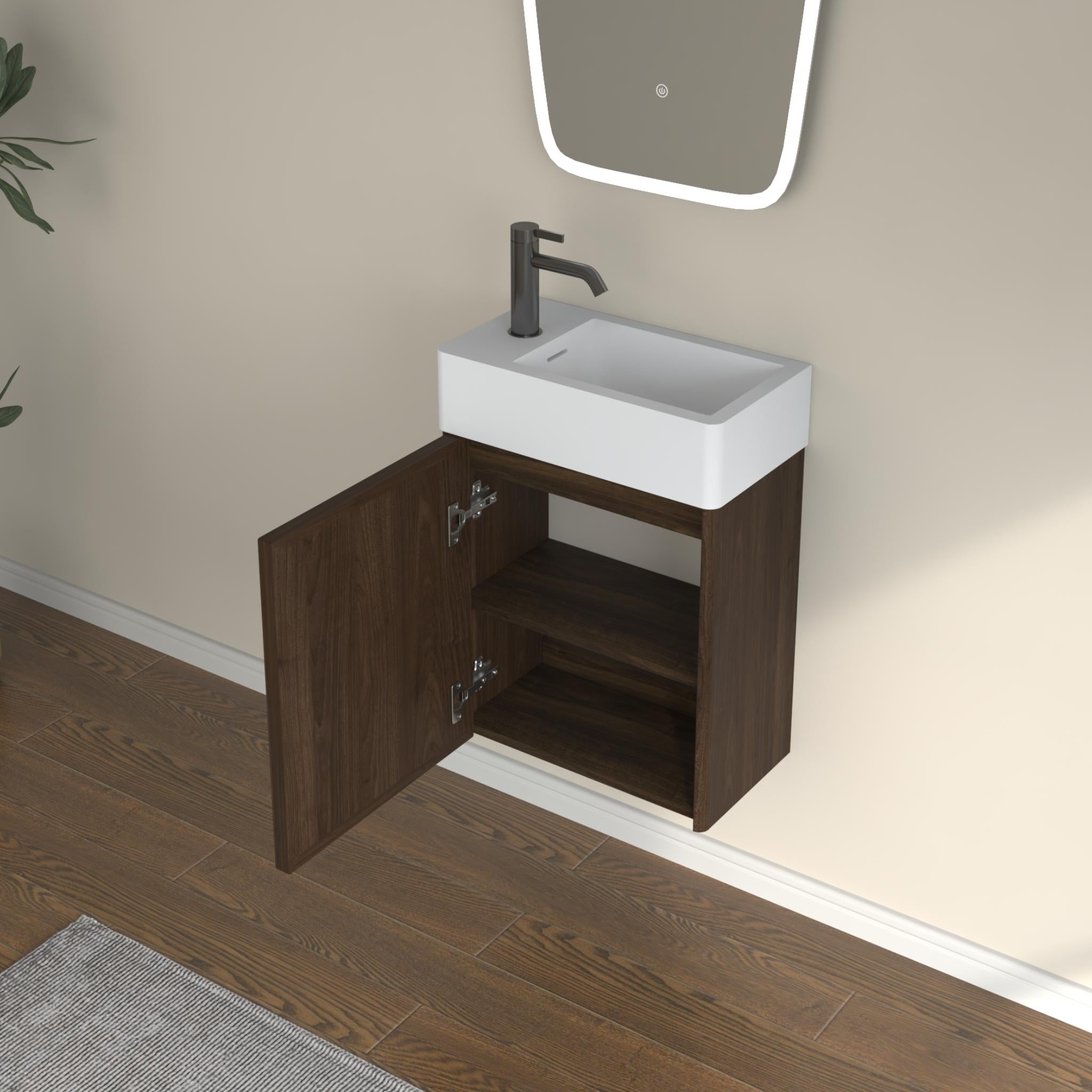 INFINITY FELIX WALNUT 400MM ENSUITE SPACE SAVING WALL HUNG VANITY WITH CERAMIC TOP