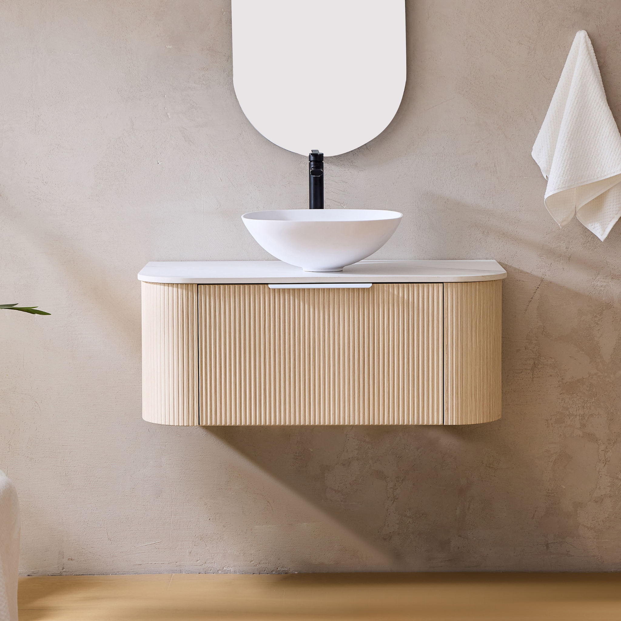 LUKKA AGENA COSTAL OAK FLUTED 1200MM CURVE SINGLE BOWL WALL HUNG VANITY