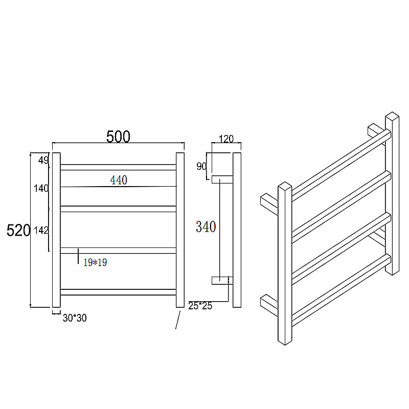 AQUAPERLA 4 BARS HEATED TOWEL RACK BRUSHED NICKEL 520MM