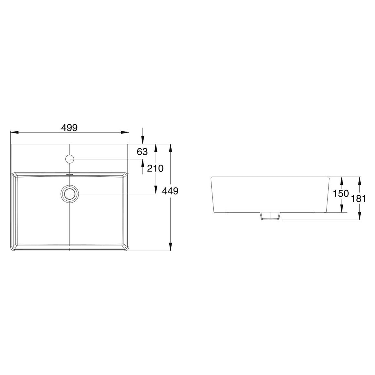 AMERICAN STANDARD HERON SQUARE COUNTER BASIN OVERFLOW WHITE 500MM