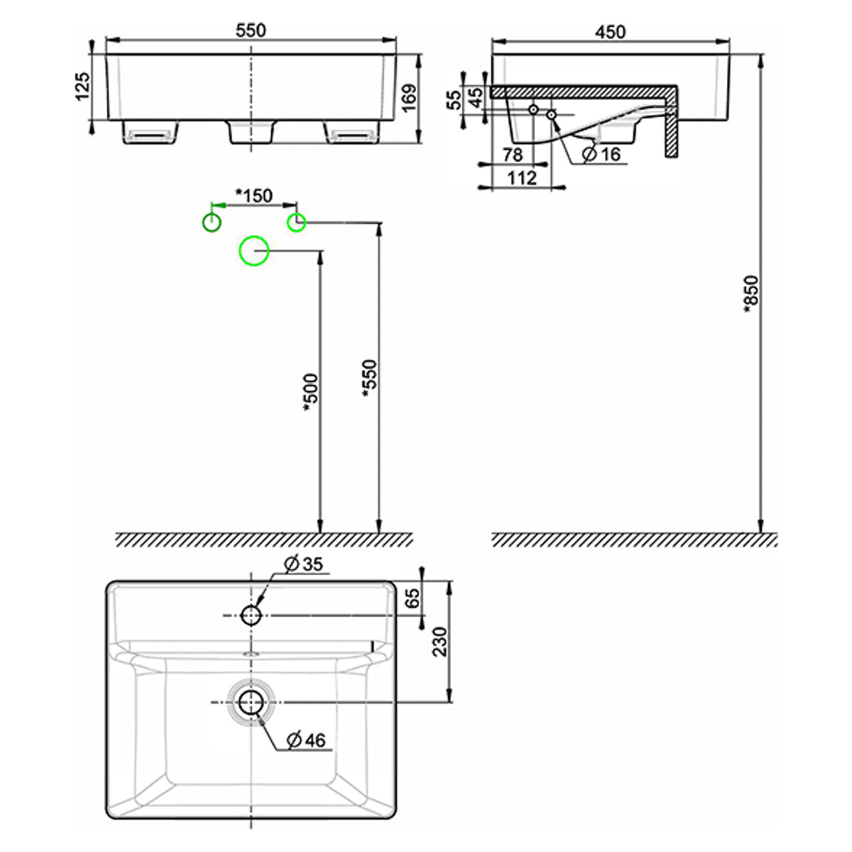 AMERICAN STANDARD ACACIA SUPASLEEK SEMI RECESSED BASIN OVERFLOW WHITE 550MM