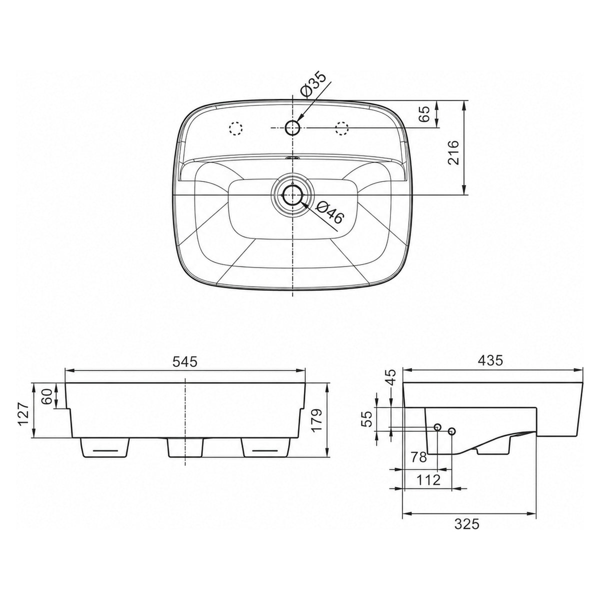 AMERICAN STANDARD SIGNATURE SEMI RECESSED BASIN OVERFLOW WHITE 550MM