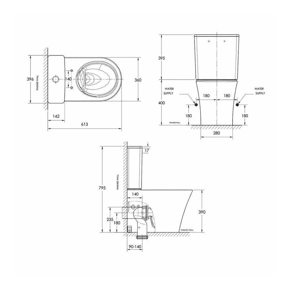AMERICAN STANDARD HERON HYGIENE RIM CLOSE COUPLED BACK-TO-WALL TOILET SUITE BOTTOM INLET WHITE
