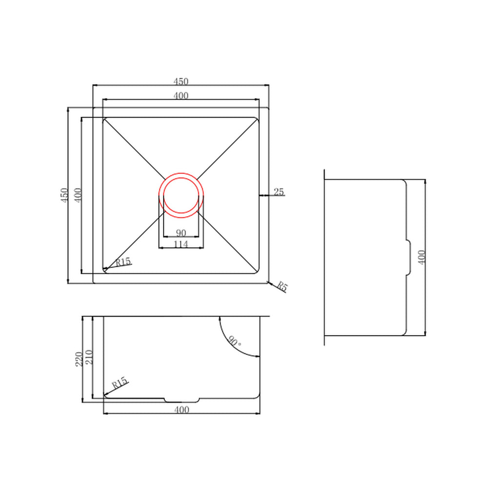 VITO STAINLESS STEEL SINGLE BOWL UNDERMOUNT KITCHEN SINK 450MM