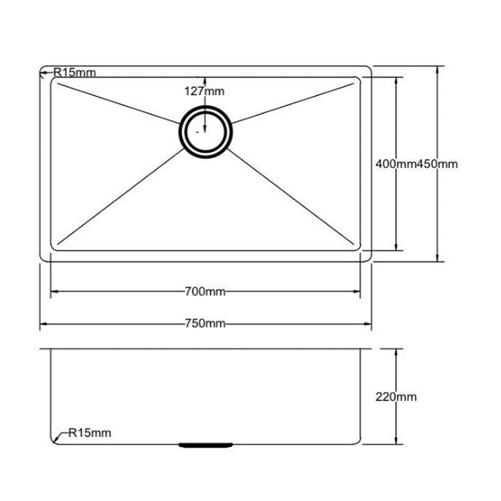 VITO STAINLESS STEEL SINGLE BOWL UNDERMOUNT KITCHEN SINK 750MM