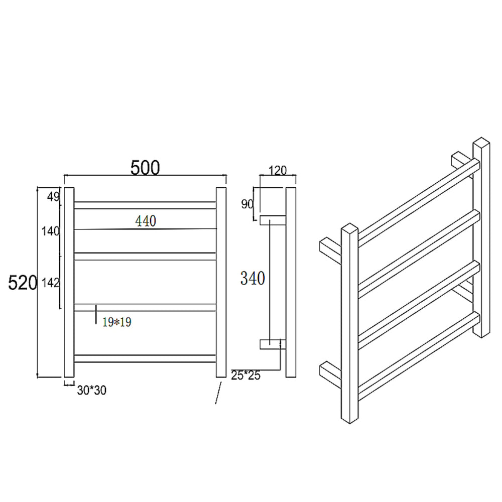 NORICO 4-BAR HEATED TOWEL RAIL BRUSHED BRASS 520MM