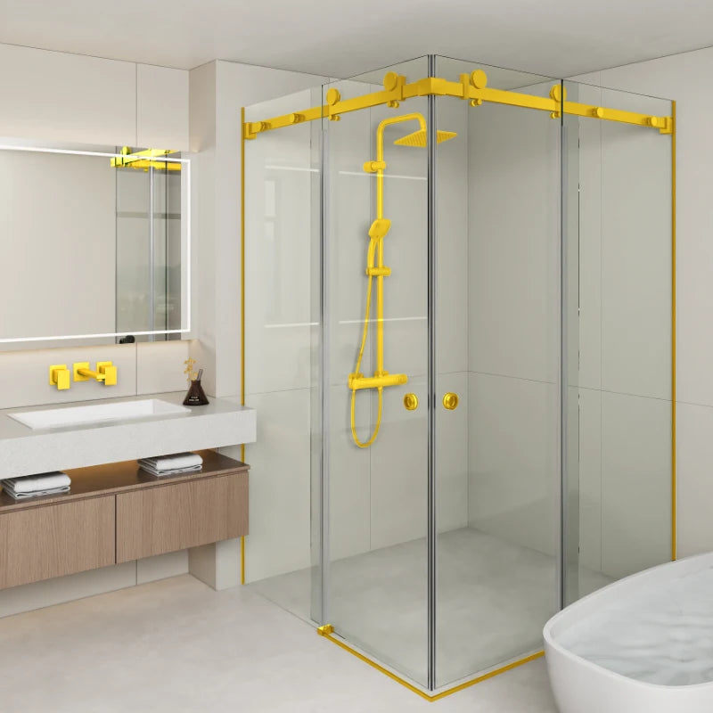 COVEY FRAMELESS DOUBLE CORNER SLIDING DOOR SHOWER SCREEN LIGHT GOLD