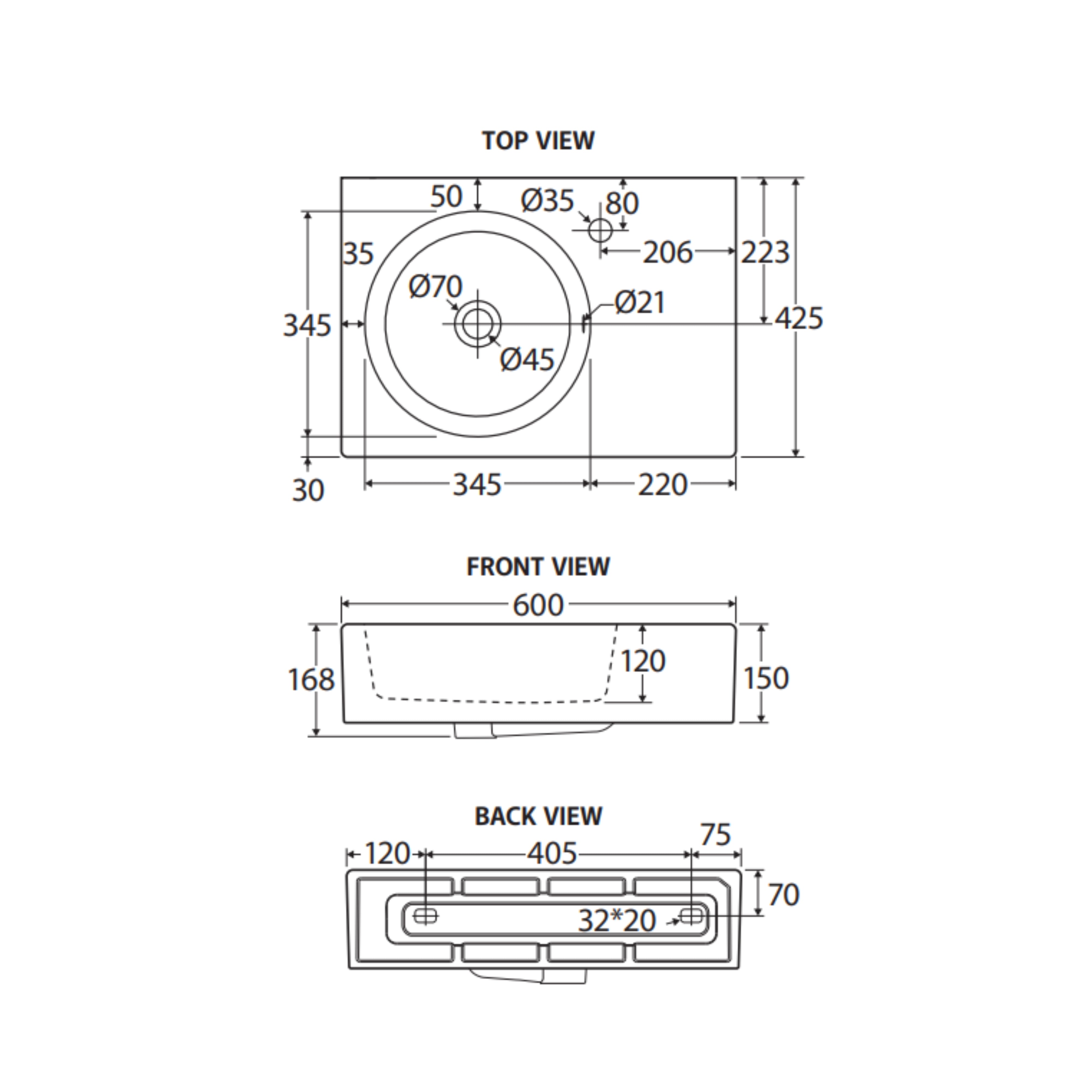 FIENZA REBA WALL HUNG LEFT-HAND BASIN WITH TAPHOLE GLOSS WHITE 600MM