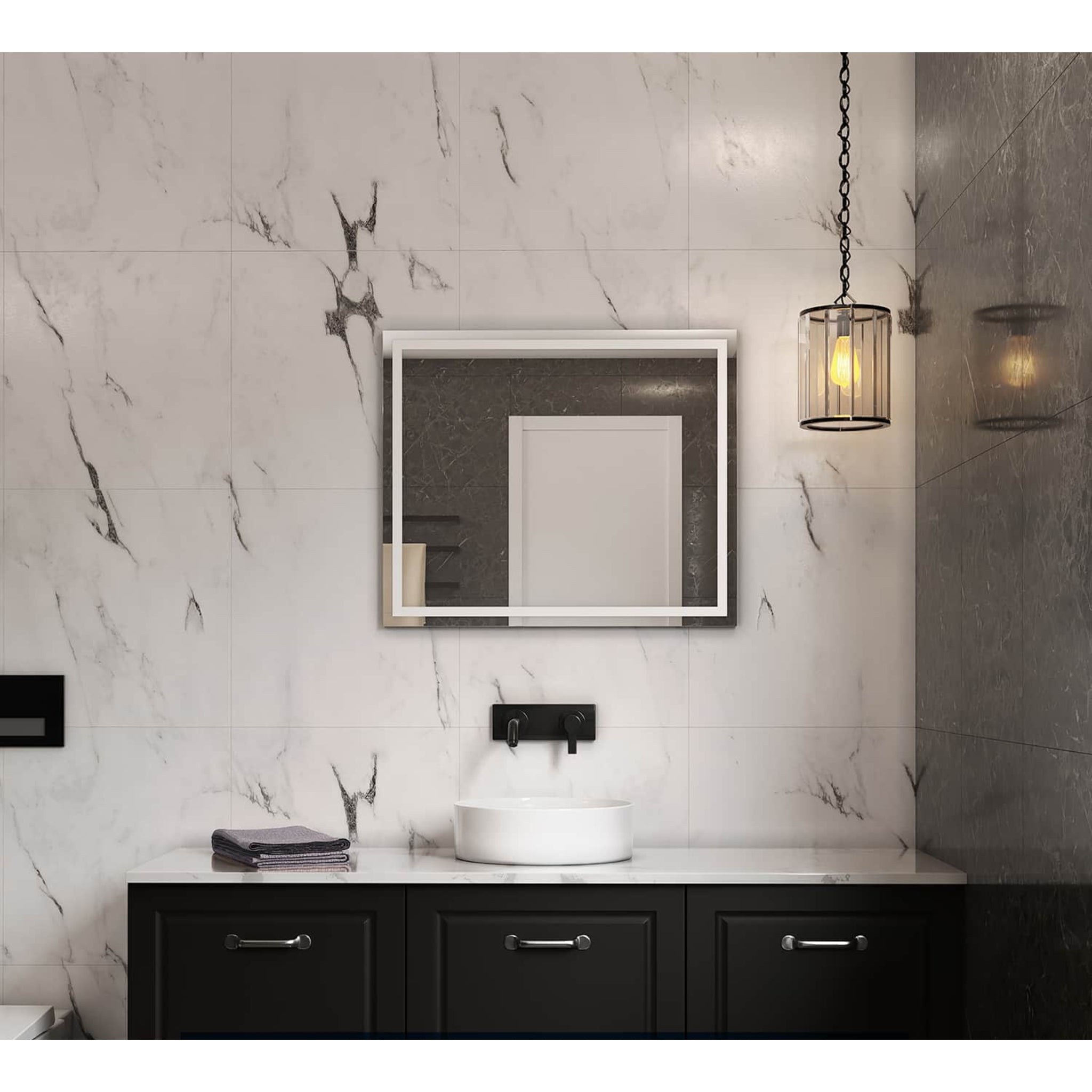 THERMOGROUP ABLAZE RECTANGLE MIRROR SANDBLASTED BORDER AND DEMISTER 600X750MM