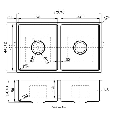 IKON CORA DOUBLE BOWL UNDERMOUNT SINK STAINLESS STEEL 750MM