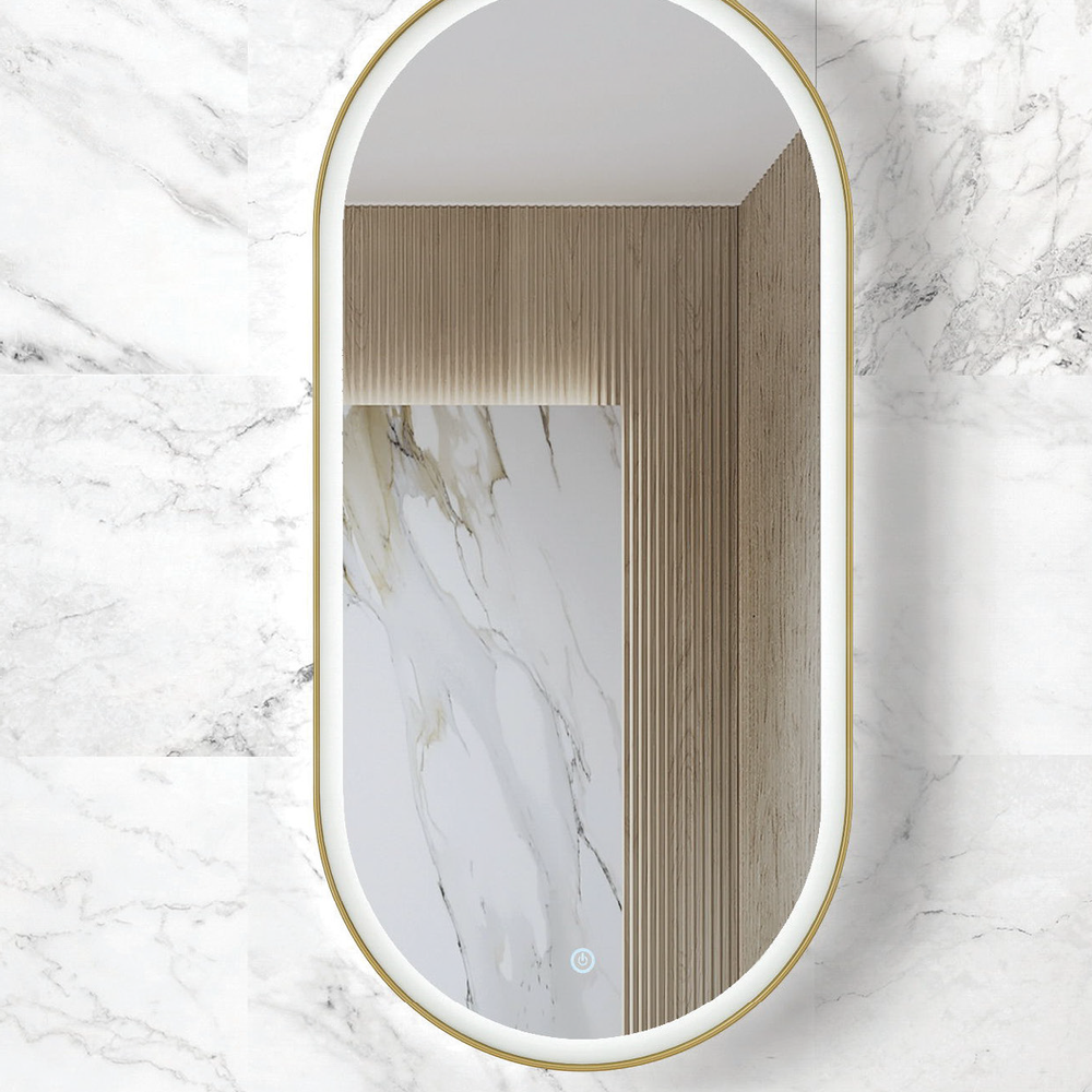 OTTI NOOSA FRAMED OVAL LED MIRROR 3 COLOUR LIGHTS BRUSHED GOLD 450X900MM