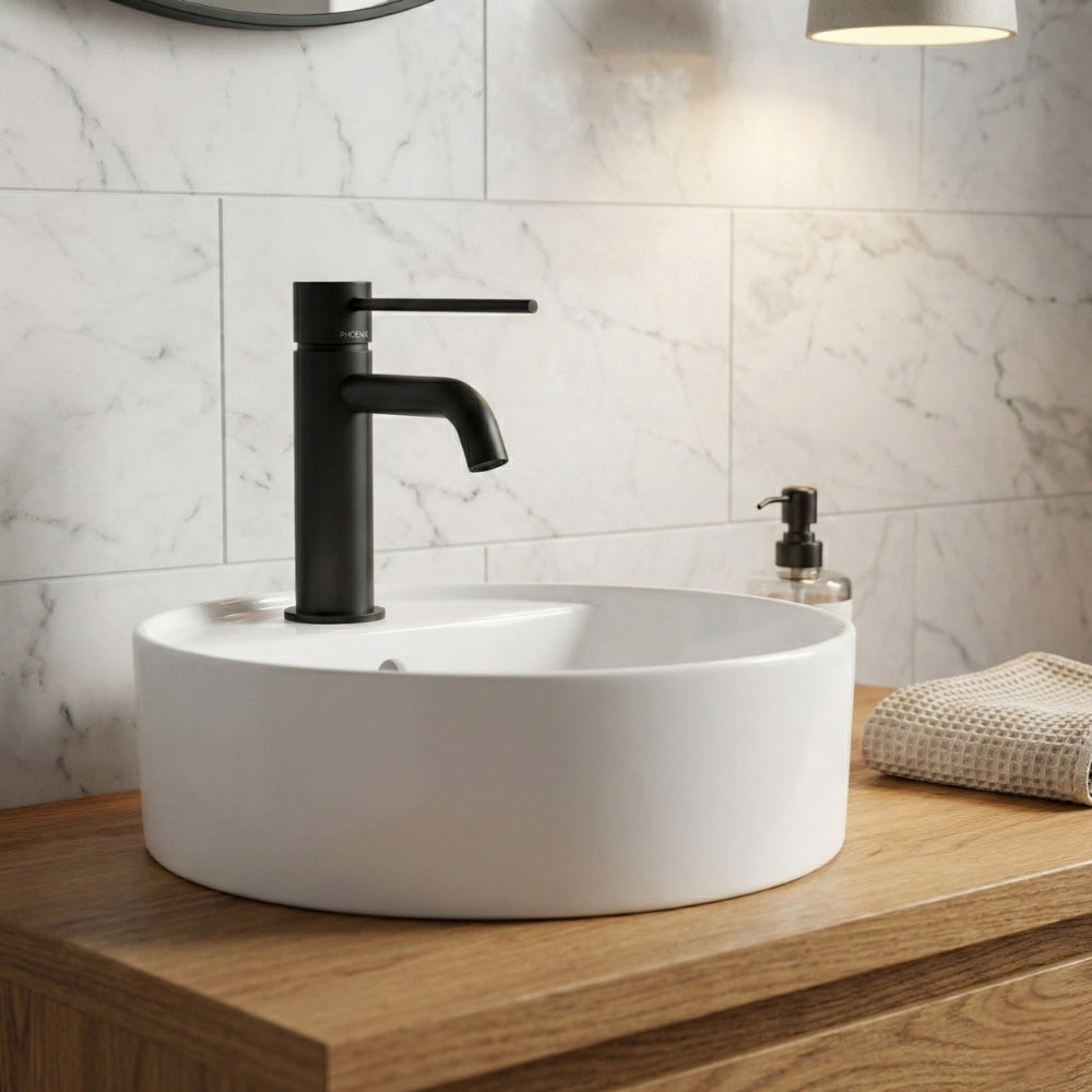 PHOENIX VIVID SLIMLINE BASIN MIXER CURVED OUTLET WITH EXTENDED LEVER 165MM MATTE BLACK