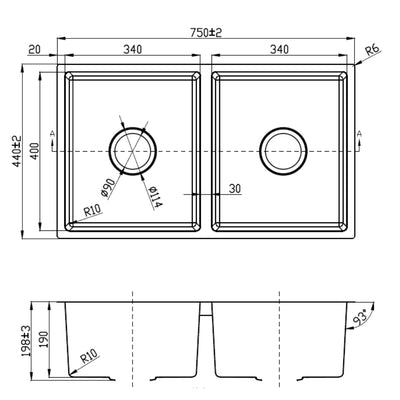 IKON CORA DOUBLE BOWL UNDERMOUNT SINK STAINLESS STEEL 750MM