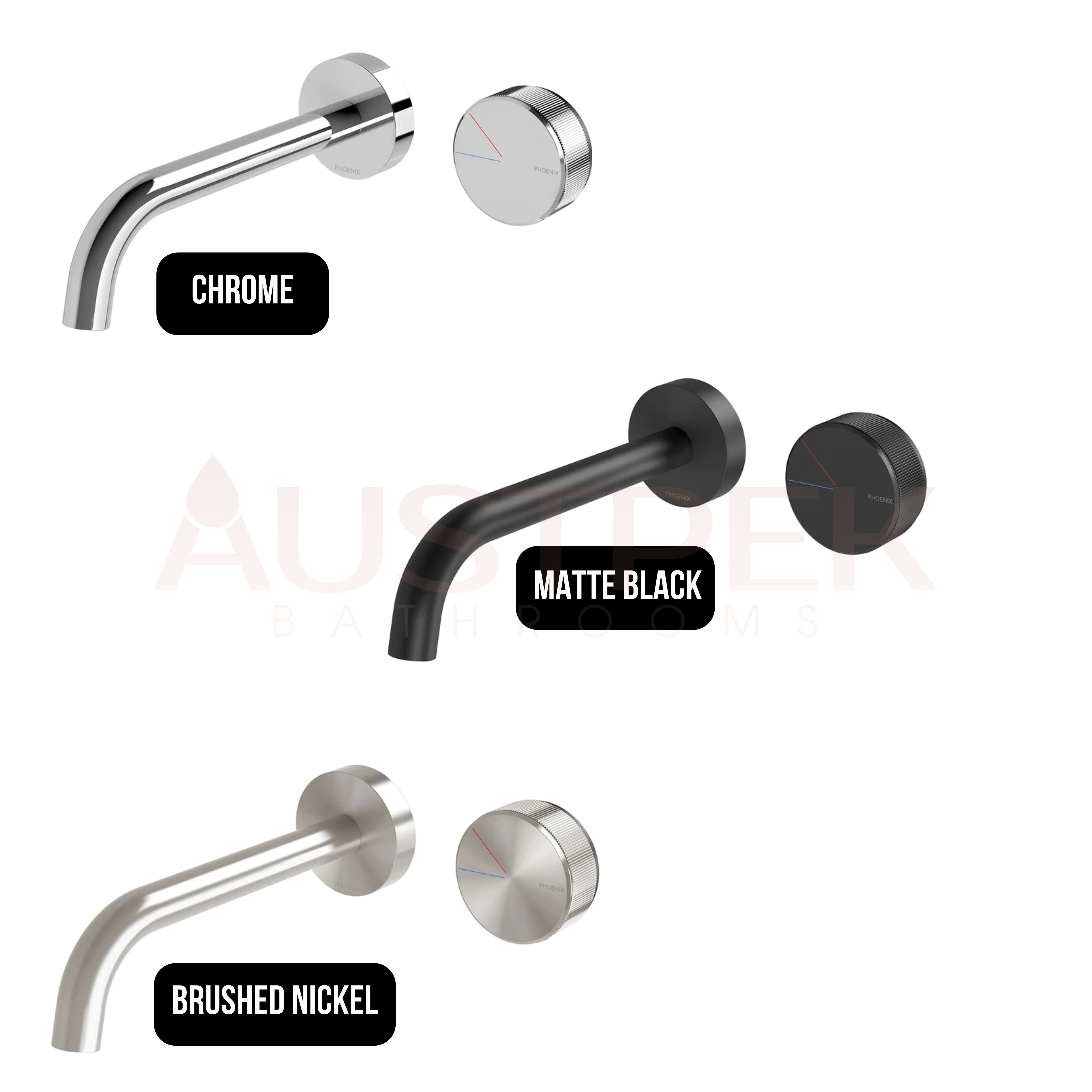 PHOENIX AXIA LEAD FREE WALL BASIN BATH CURVED OUTLET MIXER SET 180MM BRUSHED NICKEL