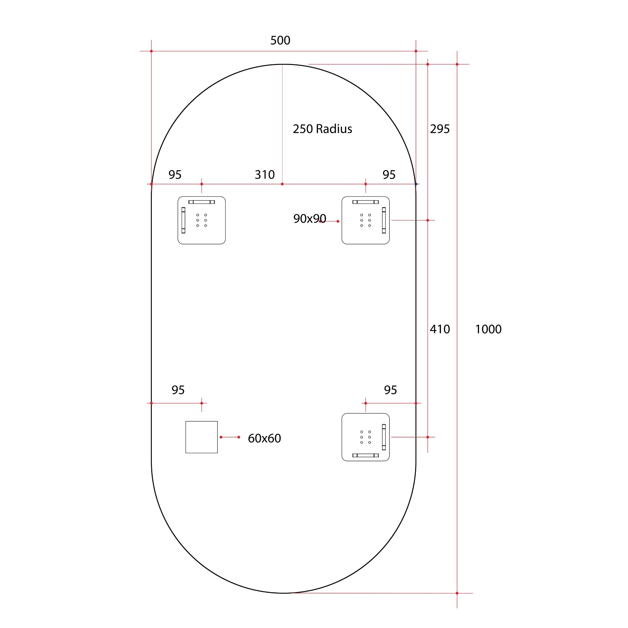 THERMOGROUP ABLAZE PILL SHAPE POLISHED EDGE MIRROR WITH DEMISTER 500X1000MM