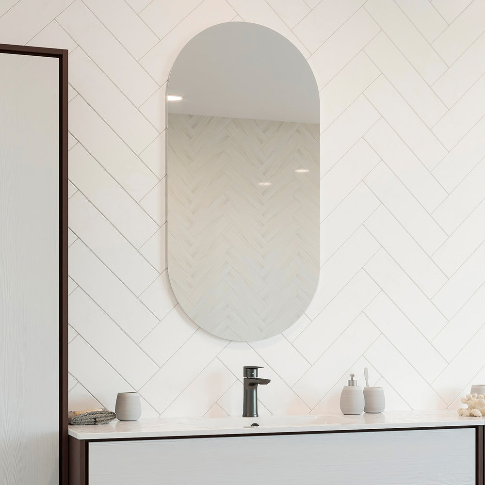 THERMOGROUP ABLAZE PILL SHAPE POLISHED EDGE MIRROR WITH DEMISTER 500X1000MM