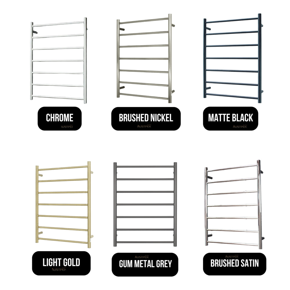 RADIANT HEATING 7-BARS ROUND HEATED TOWEL RAIL LOW VOLTAGE BRUSHED NICKEL 800MM