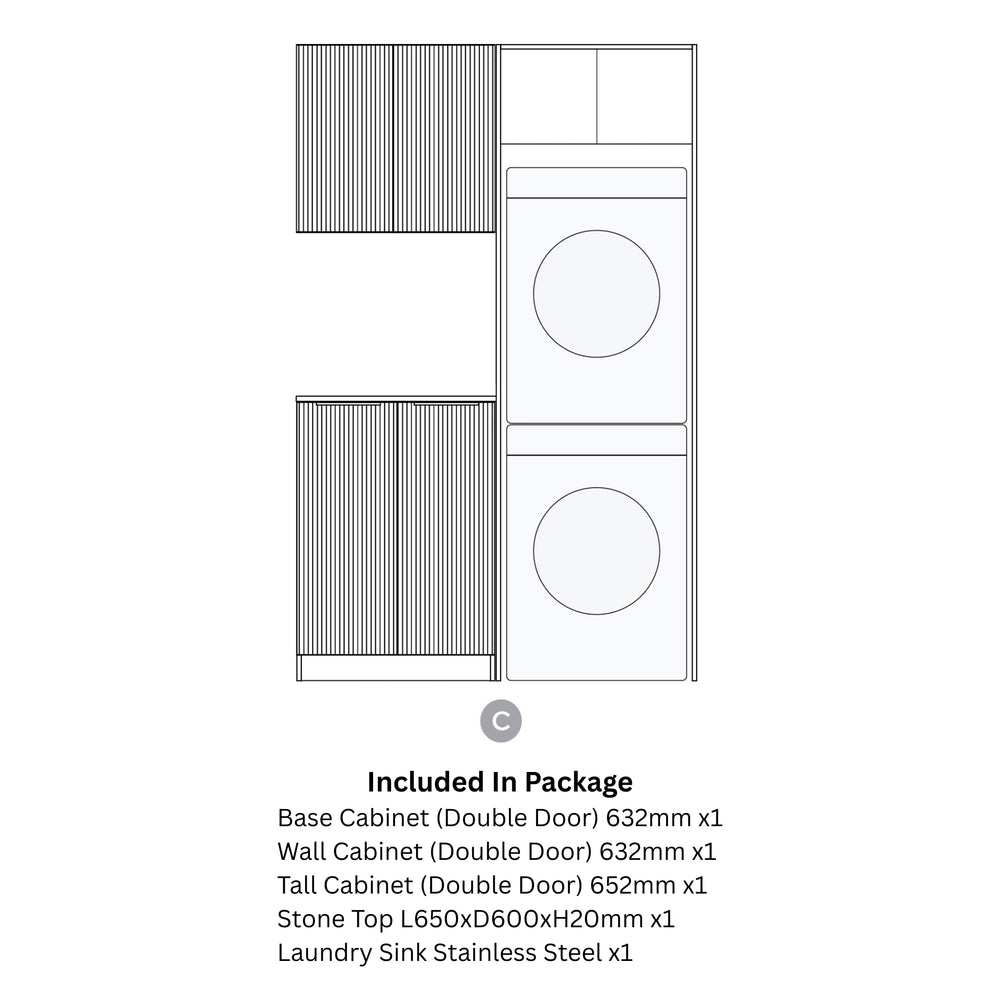 OTTI HAVANA SABLE WALNUT FLUTED 1305MM LAUNDRY AND WALL CABINET WITH STONE TOP & SINK (PACKAGE-C)