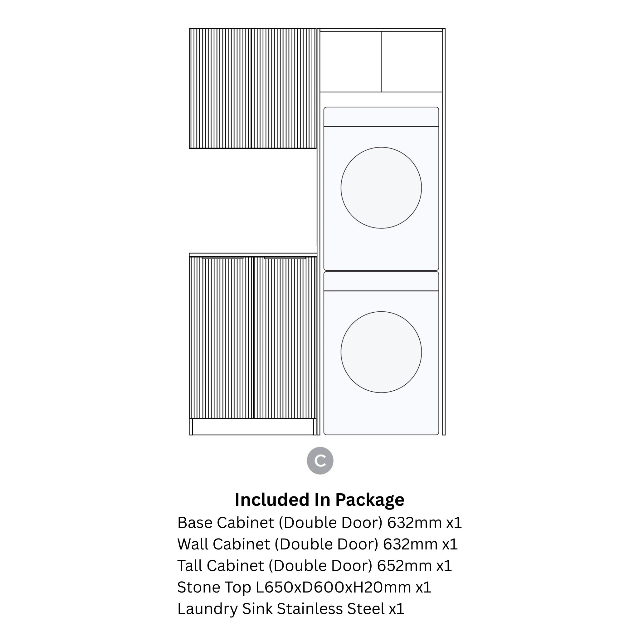 OTTI HAVANA SABLE WALNUT FLUTED 1305MM LAUNDRY AND WALL CABINET WITH STONE TOP & SINK (PACKAGE-C)