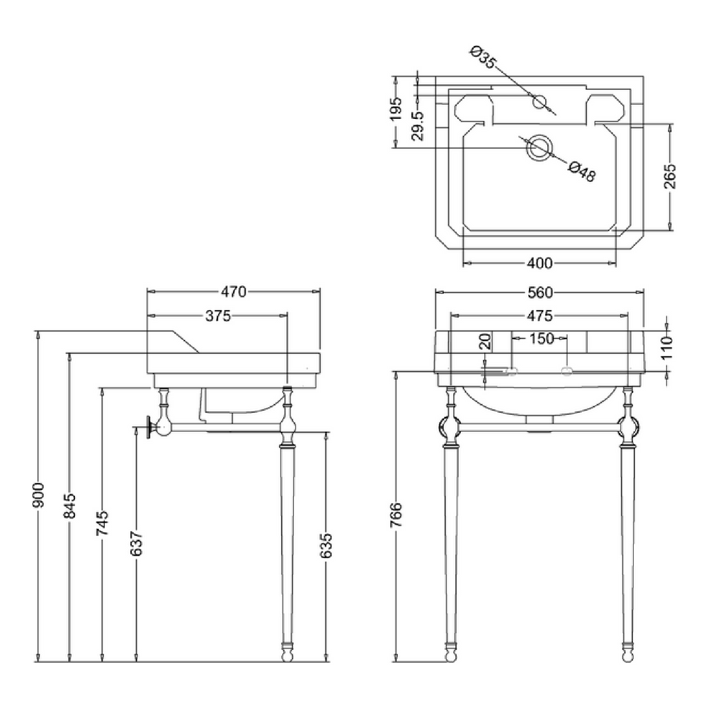BURLINGTON 13132 BASIN TECHNICAL DRAWING WITH DIMENSIONS