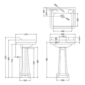 BURLINGTON 13134 BASIN TECHNICAL DRAWING WITH DIMENSIONS