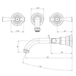 PHOENIX CROMFORD WALL BASIN / BATH TAP SET 181MM BRUSHED NICKEL