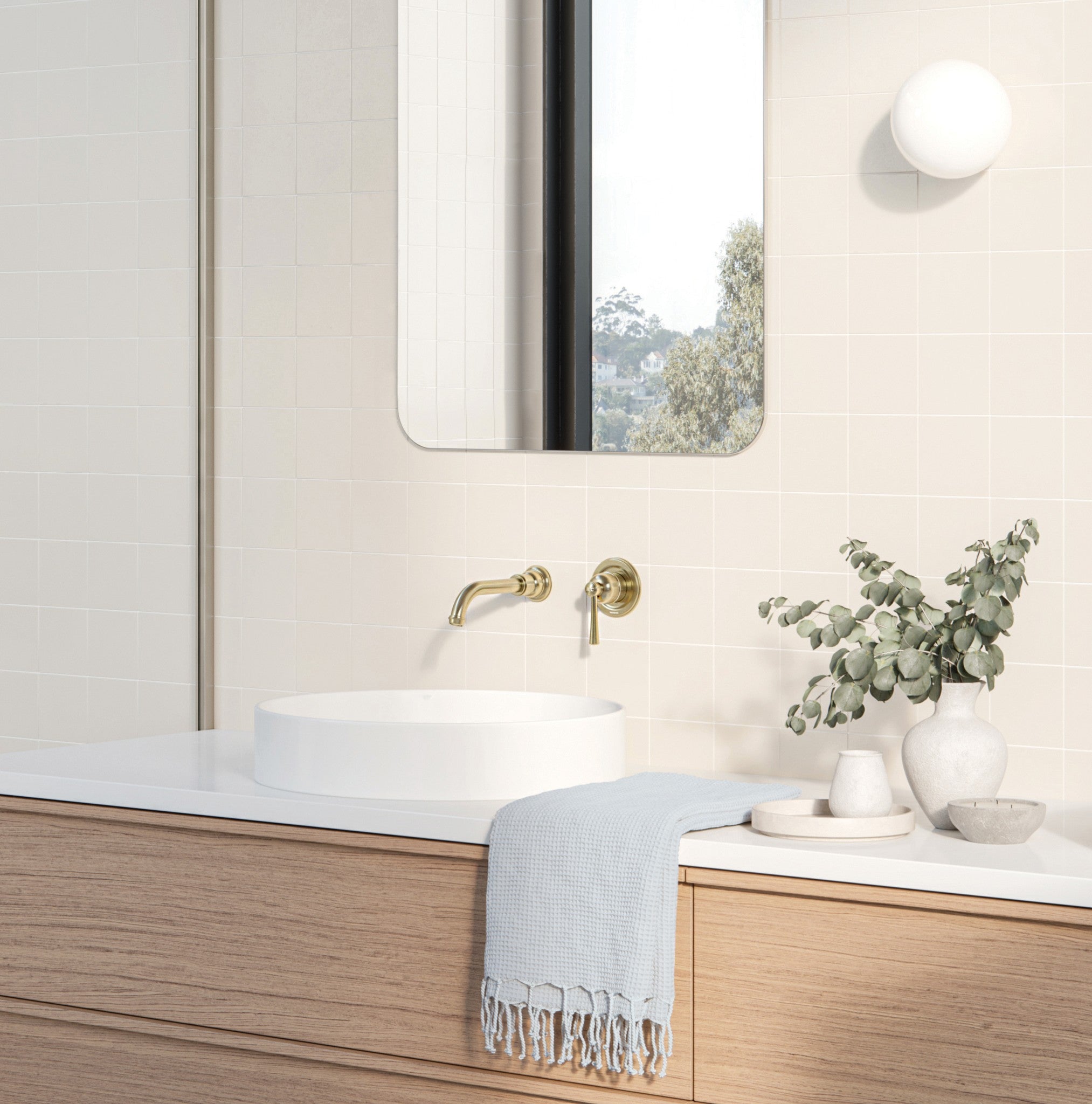 PHOENIX CROMFORD SWITCHMIX LEAD FREE WALL BASIN MIXER SET FIT-OFF AND ROUGH-IN KIT 200MM BRUSHED GOLD