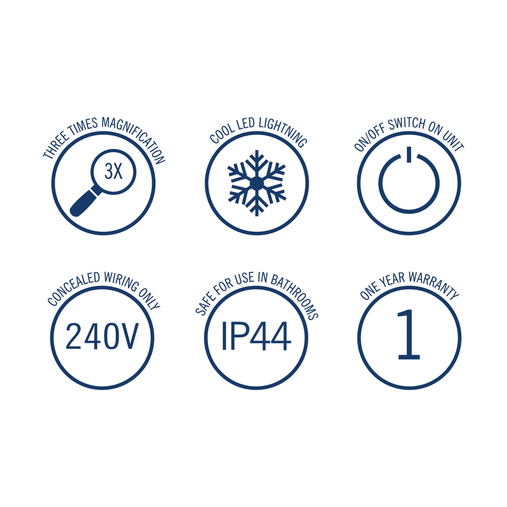 THERMOGROUP ABLAZE 3X MAGNIFICATION MIRROR WITH LIGHT BRUSHED NICKEL 250X450MM