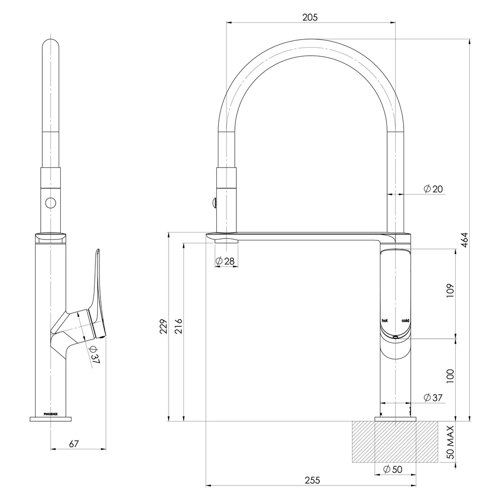 PHOENIX KUSABI FLEXIBLE HOSE SINK MIXER 200MM BRUSHED CARBON