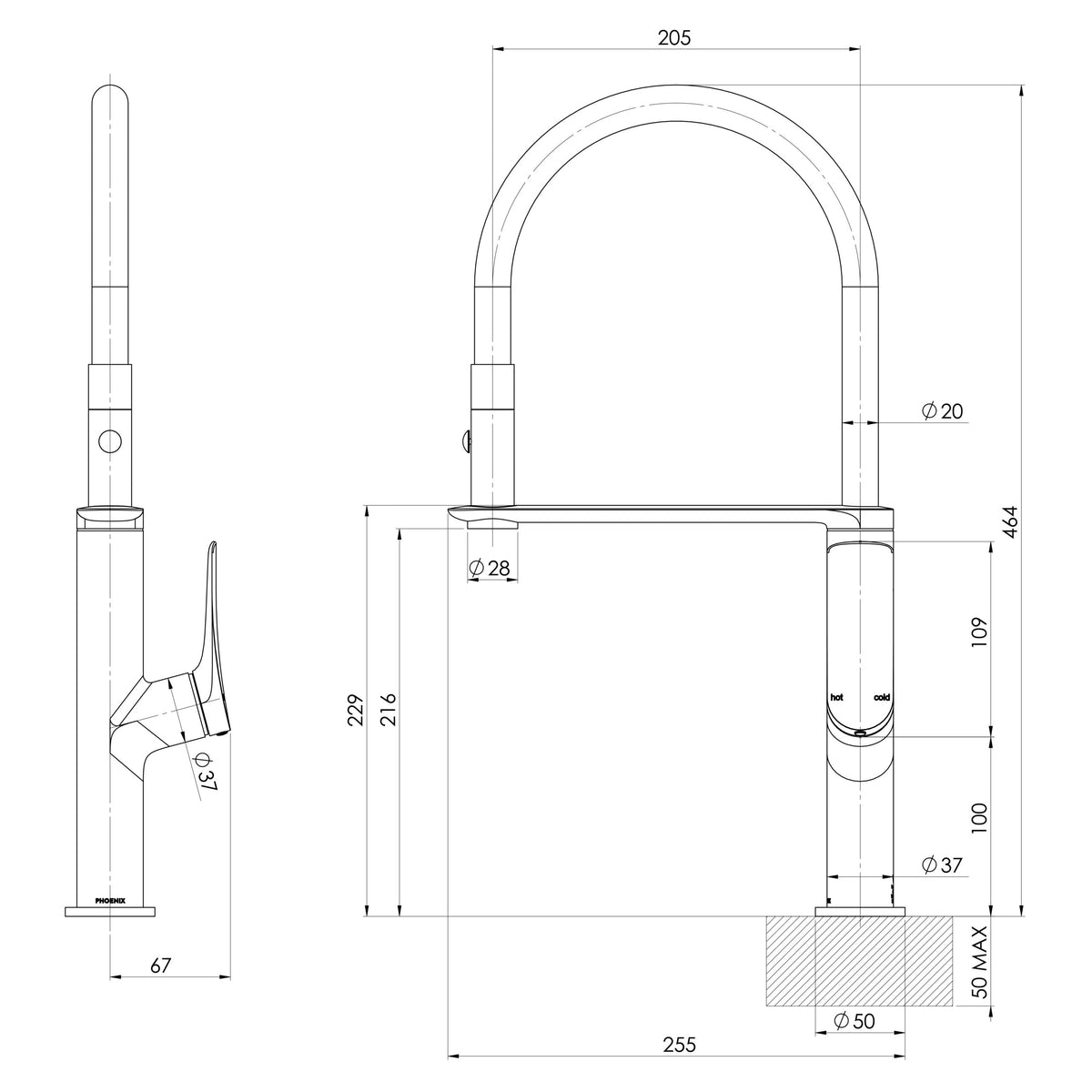 PHOENIX KUSABI FLEXIBLE HOSE SINK MIXER 200MM BRUSHED CARBON