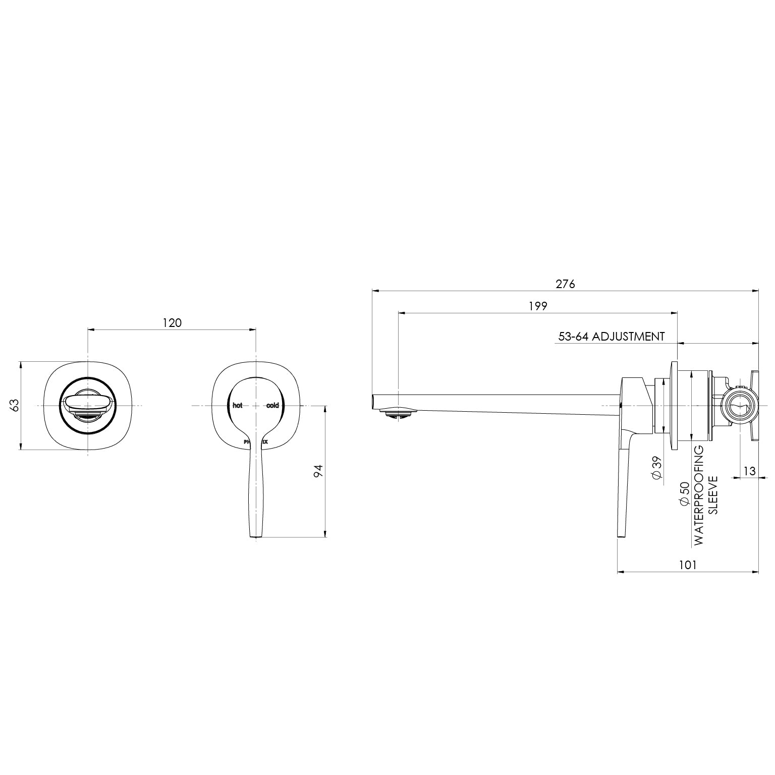 PHOENIX VASK SWITCHMIX LEAD FREE WALL BASIN / BATH MIXER SET COMPLETE KIT 199MM CHROME