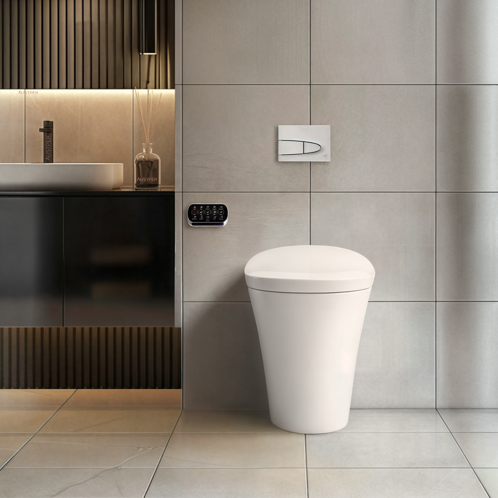 KOHLER VEIL INTELLIGENT RIMLESS WALL FACED TOILET W/ BLUETOOTH REMOTE BIDET PACKAGE ELONGATED GLOSS WHITE