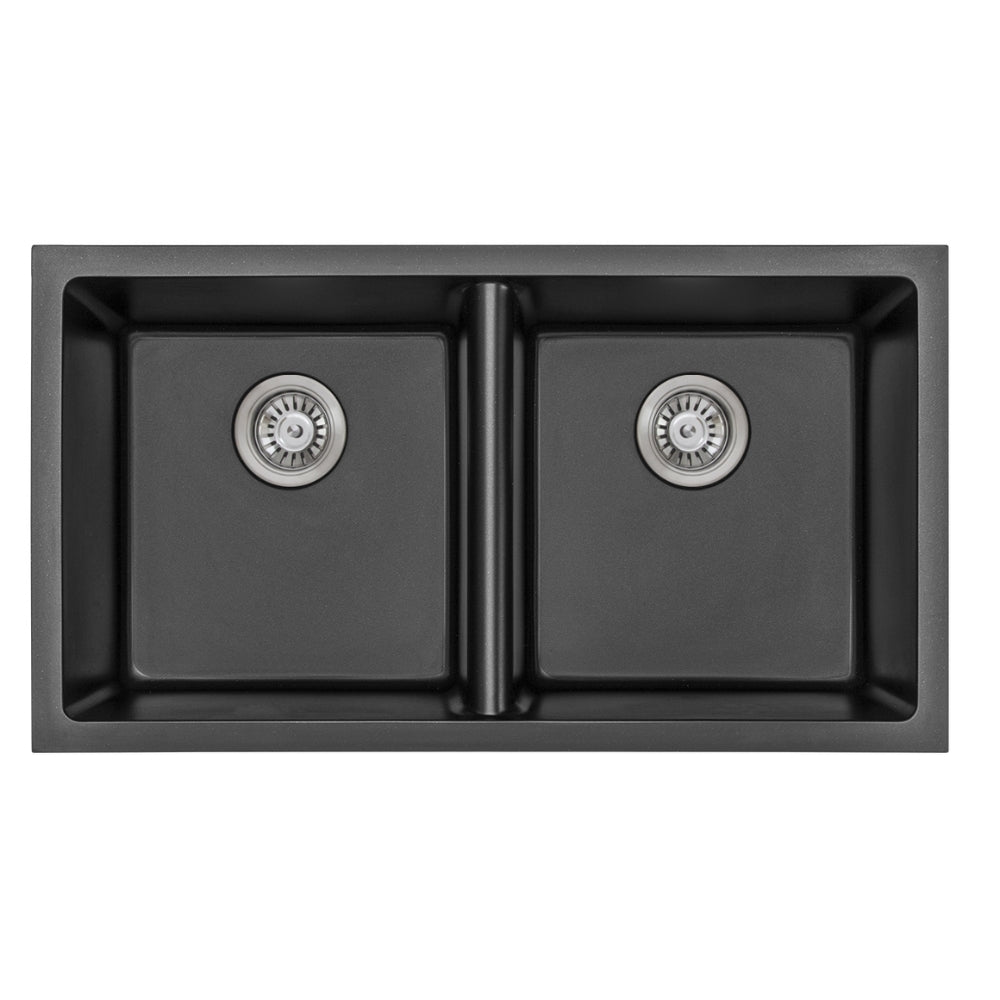 IKON CORA GRANITE DOUBLE BOWL ABOVE / UNDERMOUNT KITCHEN SINK MATTE BLACK 848MM